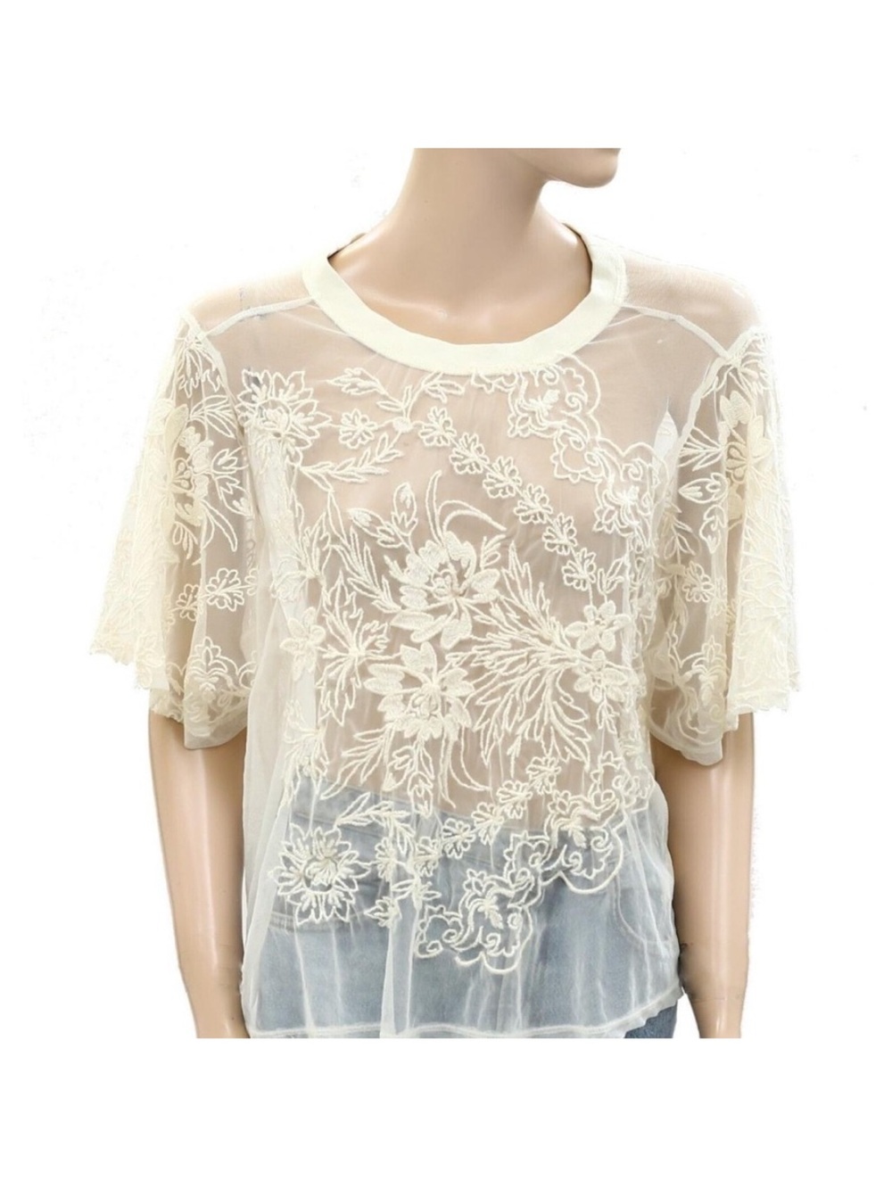 Anthropologie Sheer Embroidered Floral Cropped Top - Cream